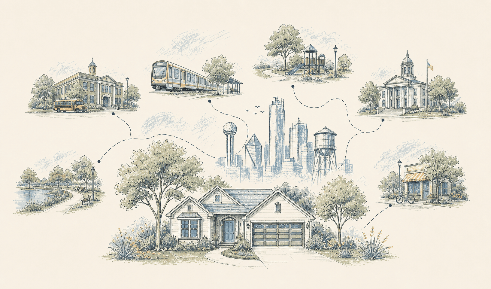 A home connected to schools, transit, parks, civic buildings, and the North Dallas skyline