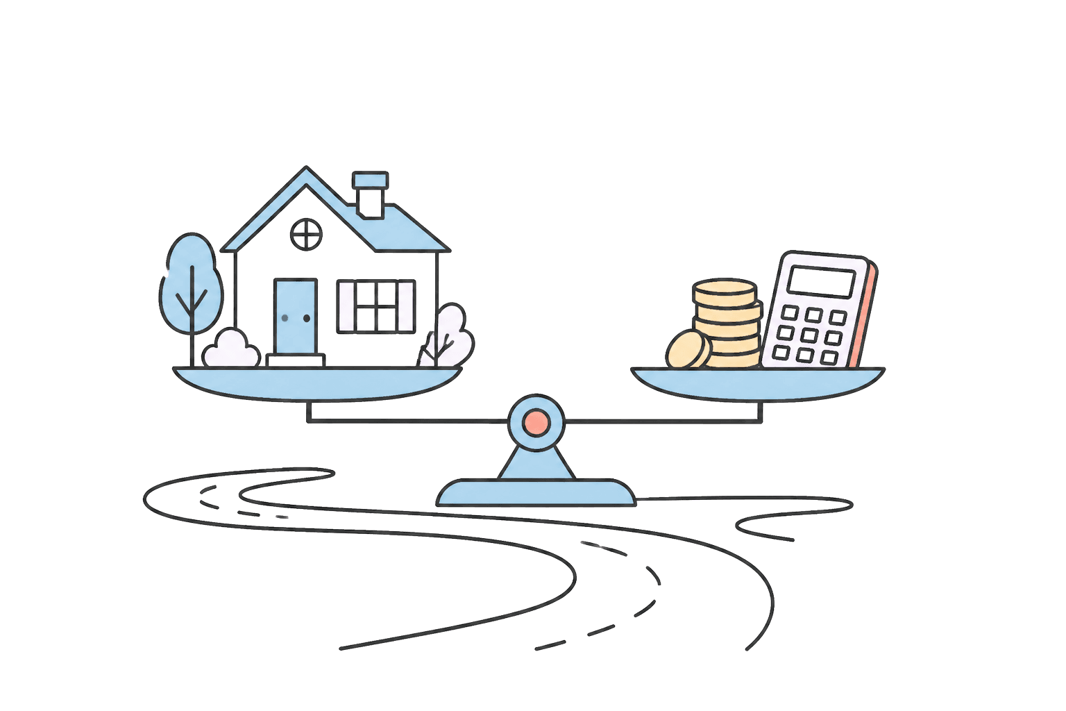 A home, coins, and a calculator representing budget tradeoffs